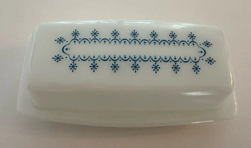 Vintage PYREX Snowflake Garland Blue Butter Dish | Milk Glass