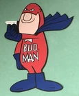 Vintage BUD MAN Budweiser Beer Sticker Decal Cape Peace Sign Red Blue