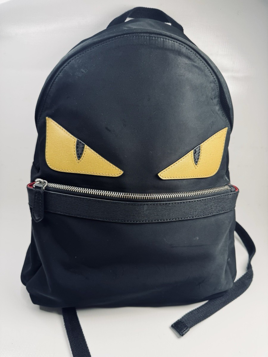FENDI Monster Eyes Backpack Black Nylon Leather Trim Authentic