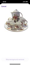Vintage Mini Tea Set Fruit Pattern. Gold Rims 2 Cups, Milk ,Sugar Pitcher Plate