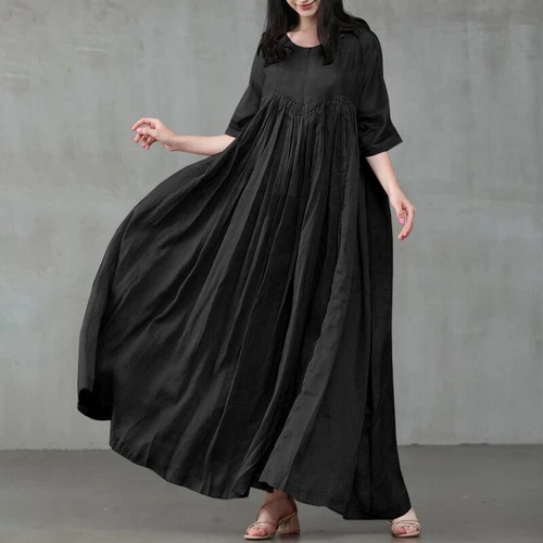 Damen Kurzarm Baumwolle Lockere Taille Party Swing Maxikleid S-5xl - Bild 13 von 28