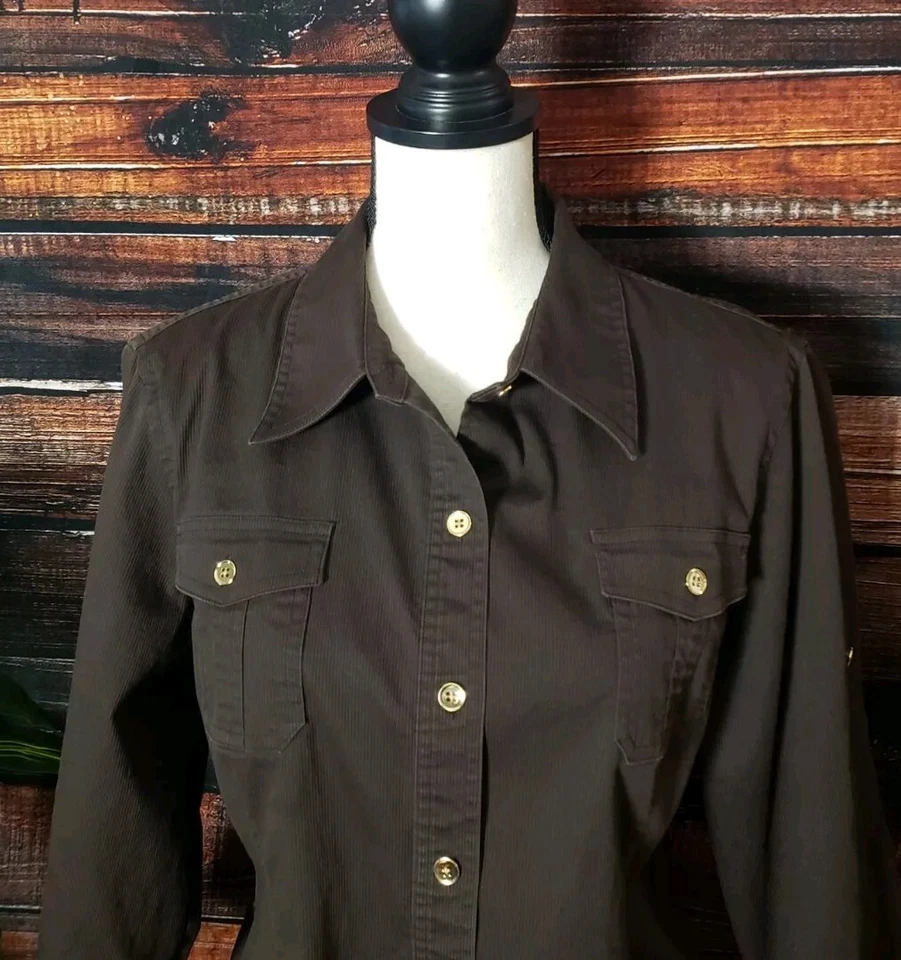 Jones New York Signature Blouse Size XL Ribbed Cotton Stretch Button Up Brown - Image 3 of 4