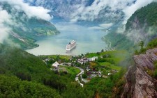 Landscape norway nature river lake ship cruise clouds Custom Gaming Mat Desk