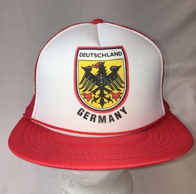 red and white trucker cap