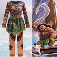 Kids Moana 2 Cosplay Maui Tattoo Top Pants Halloween Costume Leaves Decor Gift