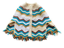 Vintage Handmade Knitted Multicolor Buttoned Chevron Poncho Children One Size