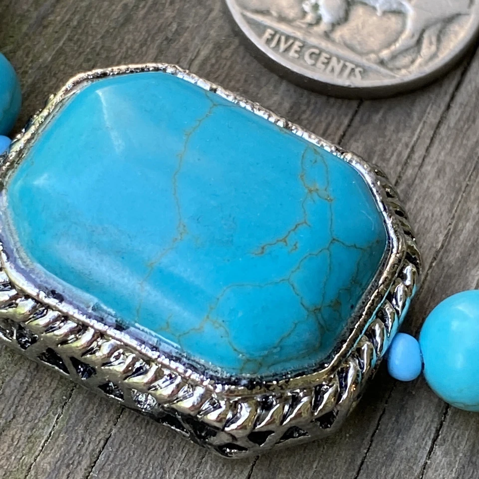 HSN Silvertone contas turquesa com recurso octógono central pulseira elástica de pedra  - Imagem 2 de 4