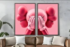Set of 2 All Pink Kaws face art Pieces canvas wall home decor Portrait Gallery 