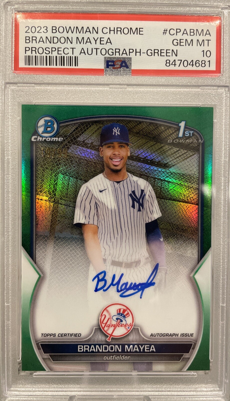2023 BOWMAN CHROME AUTO GREEN #CPABMA BRANDON MAYEA /99 PSA 10 AUTO YANKEES