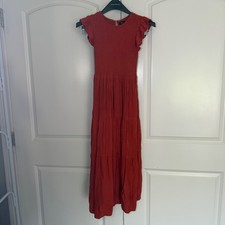 KYL Women Rust Orange Smocked Tiered Midi Dress Flutter Sleeve Medium