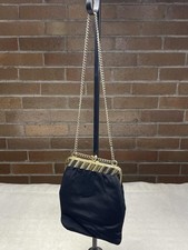 Vintage Black Satin Clutch with Gold Chain Strap Stiped Metal Frame Clasp