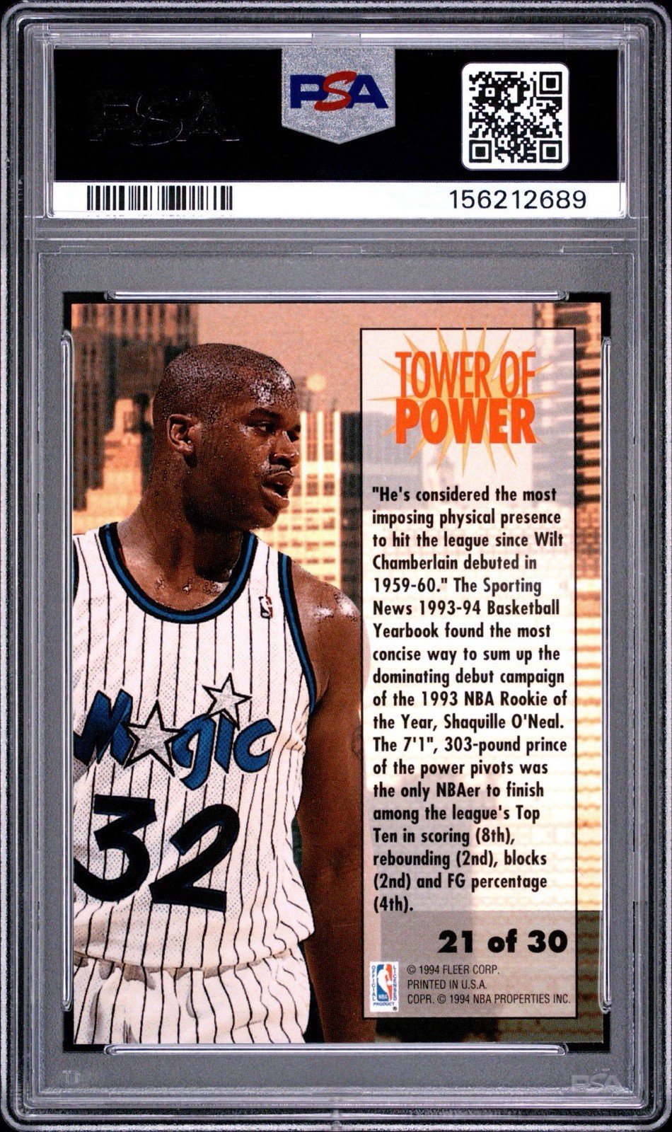 1993 FLEER SHAQUILLE O'NEAL TOWER OF POWER #21 PSA 8 NM-MT HOF RARE view 3