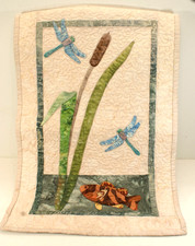 WH9 Quilted Wall Hanging, Handcrafted, Dragonfly Marsh, 1999, 12 X 19 inches