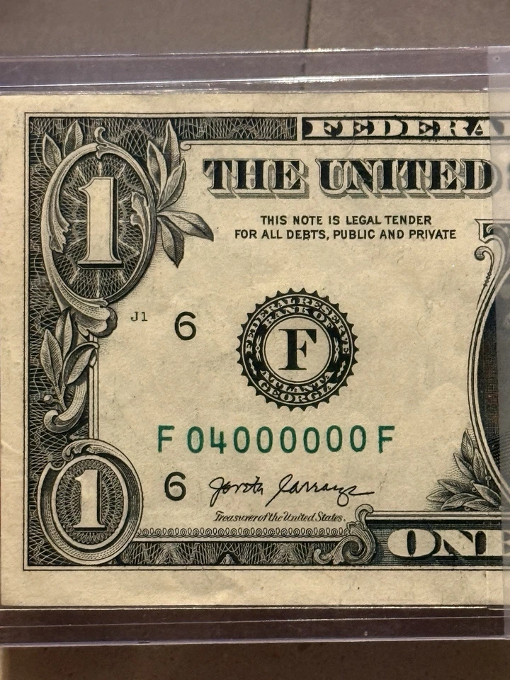 Billete de un solo dígito muy raro de $1 número de serie elegante 04000000 ¡UNO 4 SIETE O! Foto 2 de 4