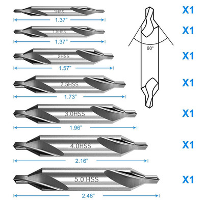 7 Pcs Center Drill Bits Set HSS M2 High Speed Steel 60-Degree Angle Center Drill