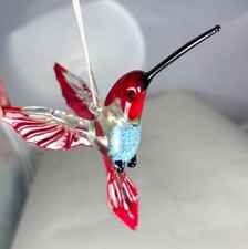 Hand blown glass bird animal Hummingbird figurine hanging ornament Red Blue 4.9