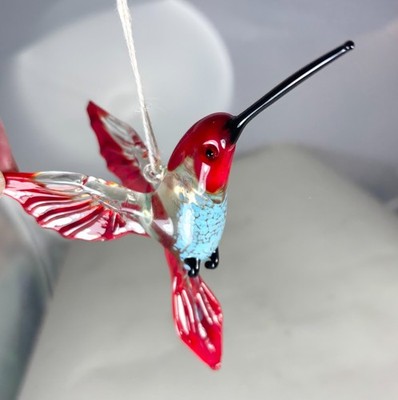 Hand blown glass bird animal Hummingbird figurine hanging ornament Red Blue 4.9