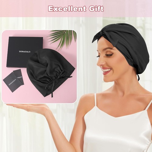 22 Momme 100% Mulberry Silk Hair Bonnet for Sleeping Curly Color02-black - Picture 7 of 7