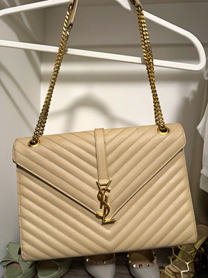 Saint Laurent Beige Chevron Quilted Shoulder Bag, Gold Chain Strap, 12 x9 