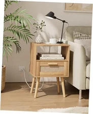 Rattan Nightstand with Charging Station, Small Night Stand, Side Table Modern
