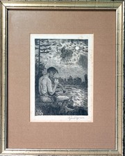 Hans Thoma: acquaforte "Canto della sera: suonatore di flauto sulla riva"
