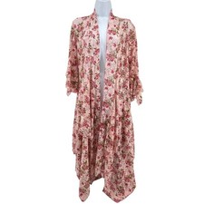 Ethos LA Floral Tiered Sheer Lace Duster Kimono M Pink Festival Cottage Fairy
