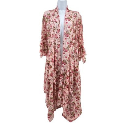 Ethos LA Floral Tiered Sheer Lace Duster Kimono M Pink Festival Cottage Fairy