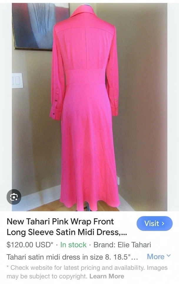 $178 Pequeño Mediano US 6 ❤️ Vestido Midi Tahari ASL Rosa Envolvente Manga Larga Satinado Foto 4 de 4