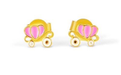 Girls Princess Carriage Stud Earrings 925 Sterling Silver Gold Plated Enamel Kid