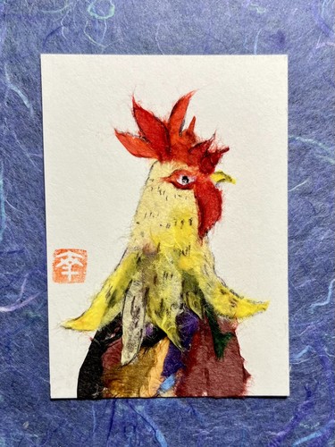Original ACEO Japanese Washi Art- rooster (top)