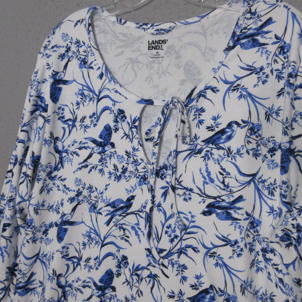 Camisón Lands End Plus 2X Azul Floral Estampado de Pájaros Enclavamiento Manga Larga Vacaciones Foto 3 de 4