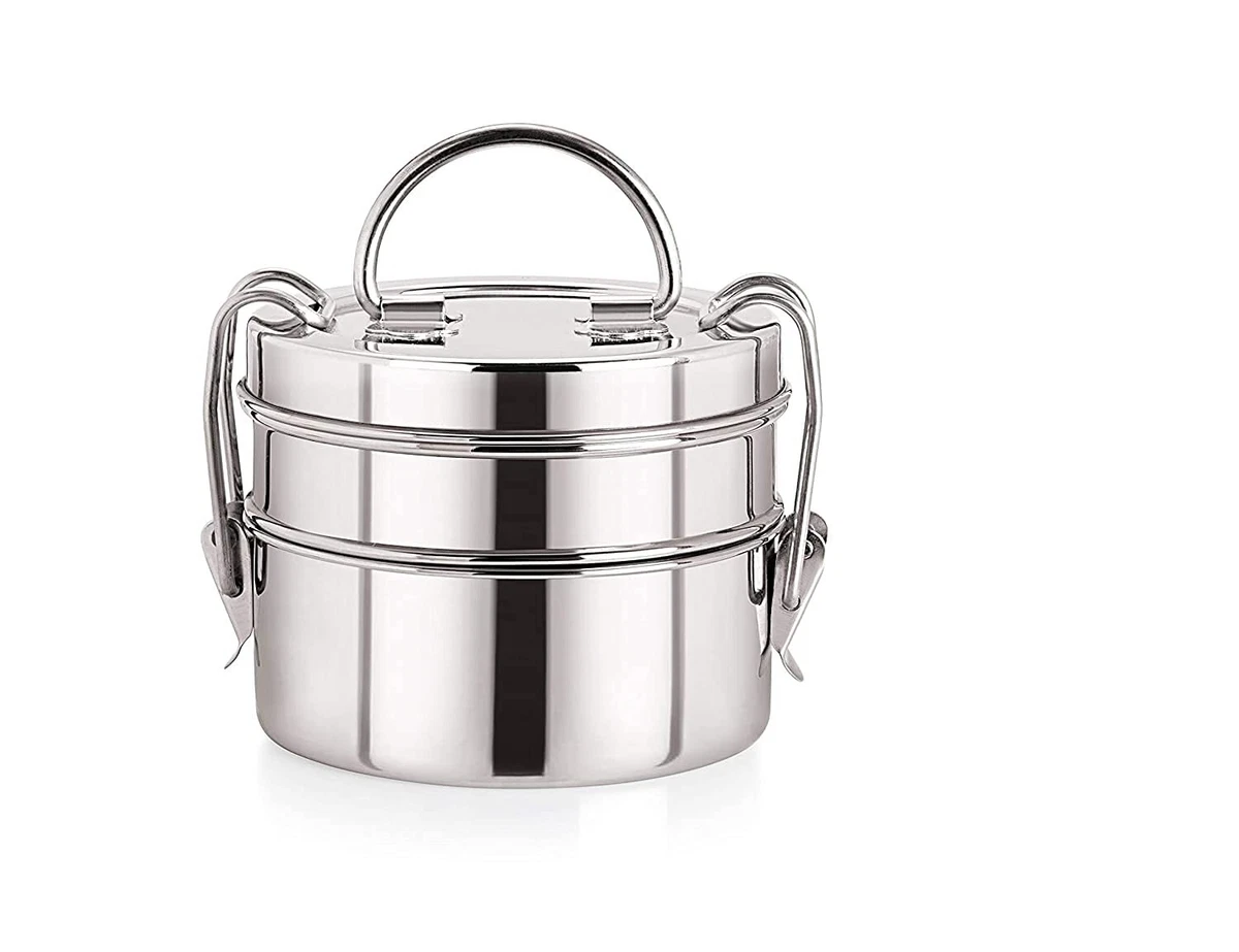Round Tiffin Box 2 Tier Stainless Steel Food Pack Office Lunch Box