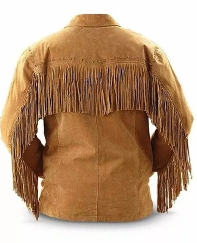Men's Leather Western Jacket With Fringe Cowboy Style Suede Leather Jacket Brown - Picture 2 of 3