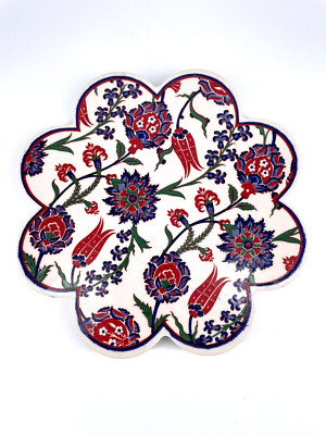 Floral Tile Trivet Traditional Iznik Turkish Ceramic Art Blue and Red Flowers