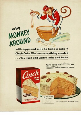 1950 CINCH Cake Mix why monkey around anthropomorphic monkey art Vintage Ad 