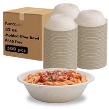 Karat Earth 32oz Paper Round Bowl, PFAS Free, Molded Fiber, Natural - 500 pcs