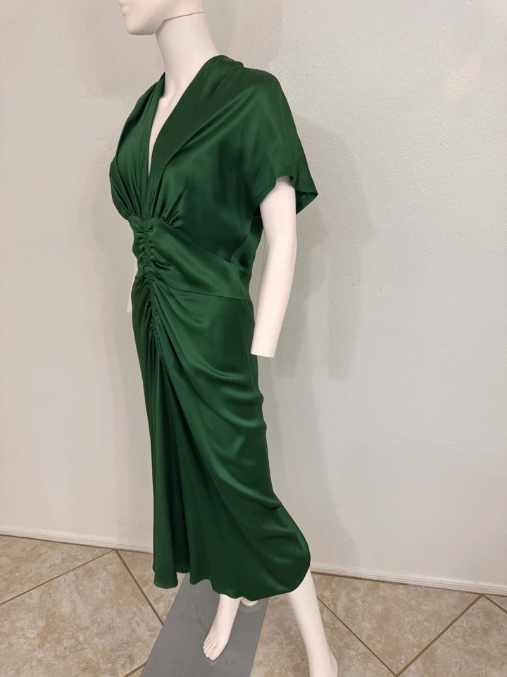 Vestido midi Luisa Beccaria vintage verde esmeralda seda satinado corte sesgado IT46 Foto 3 de 4