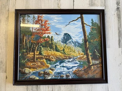 Framed 80s 70s Vtg Paint By Numbers 22x18 Deer Mountains Eagle Forest River