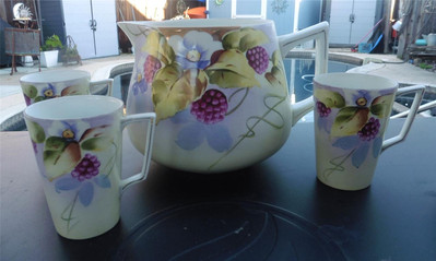Vintage Porcelain Cider/Lemonade Pitcher & 3 Mugs Hand Painted Raspberry