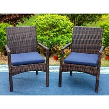 PHI VILLA Black Rattan Metal Patio Outdoor Dining Chair w/Blue Cushion (2-Pack)