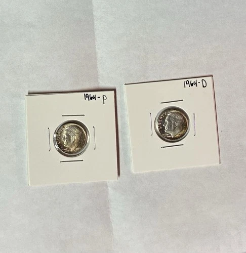 BU 1964 P+D Roosevelt Dimes 90% Silver Uncirculated with Rainbow Toning.