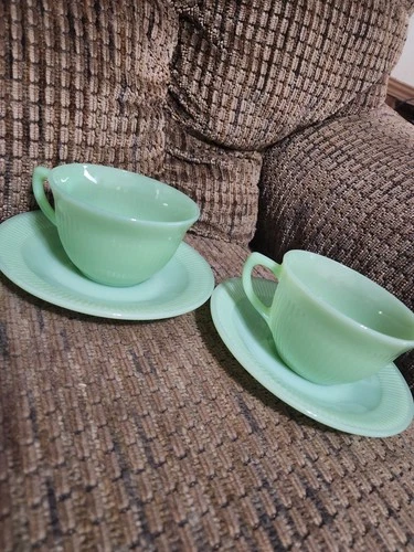 Vintage Fire King Jadeite Jane Ray Cup Saucer Set Of 2 Clean Beautiful