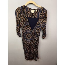 Vanessa Virginia Anthropologie Navy Gold Medallion Ruched Faux Wrap Dress Sz S