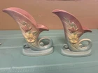 Vintage 1981 Hull Art Pottery Cornucopia pink green floral 8.5" Vases