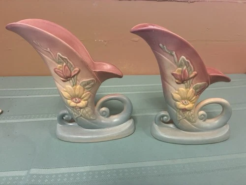 Vintage 1981 Hull Art Pottery Cornucopia pink green floral 8.5" Vases