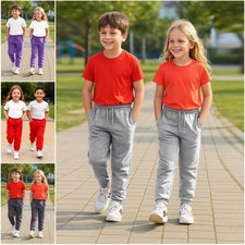 Kids Jogging Bottoms Comfy Girls Boys Fleece Plain Sweatpants PE School Pants