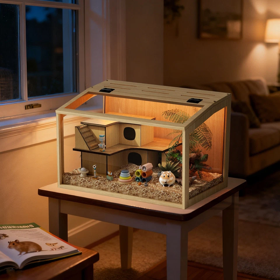 Large Hamster Cage Mice and Rat House Habitat Chinchillas Clear Cage with Lights - Image 2 of 4
