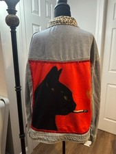Blue and leopard print denim jean jacket with smoking cat image (XL)