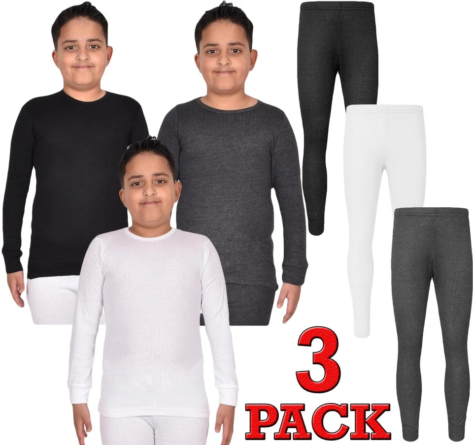 UN BRANDED Kids Thermal Underwear Set Long Johns Girls Boys Winter Warm Top & Bottom 3 Pack