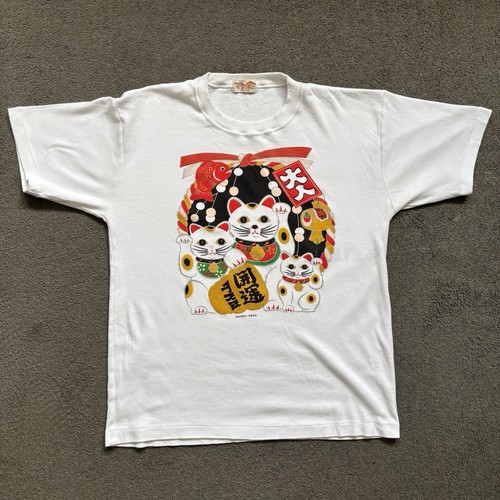 Vintage 90s Japanese Maneki Neko Lucky Cat Single Stitch T-Shirt (L) White